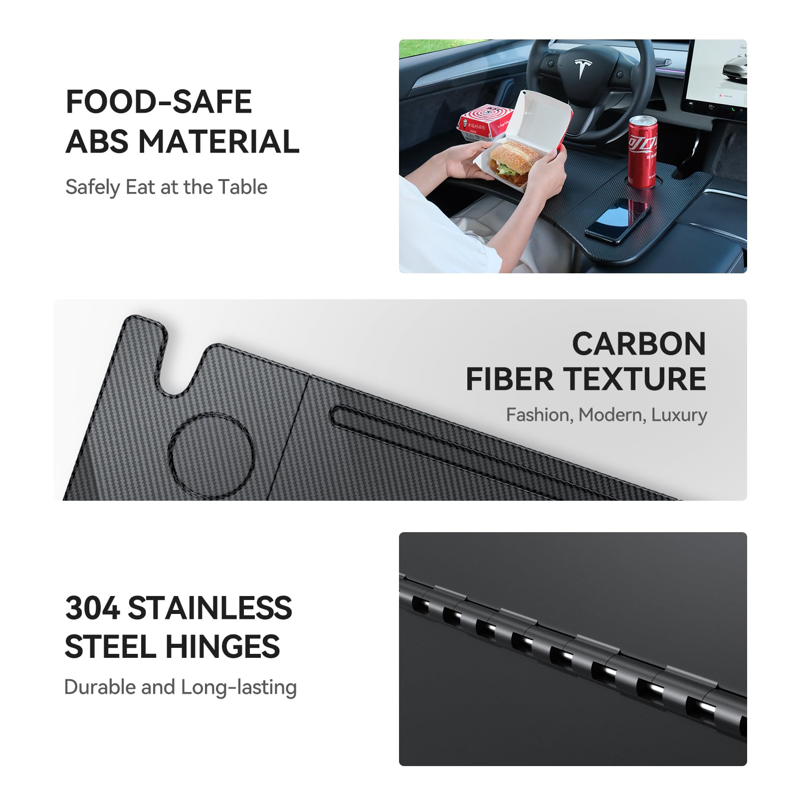DSI - Foldable Desk Food Tray (Carbon Edition) for Tesla Model Y Model 3 S X Y Juniper- Upgraded Table with Support Leg for Dining, in-Car Work, Travel and Outdoor