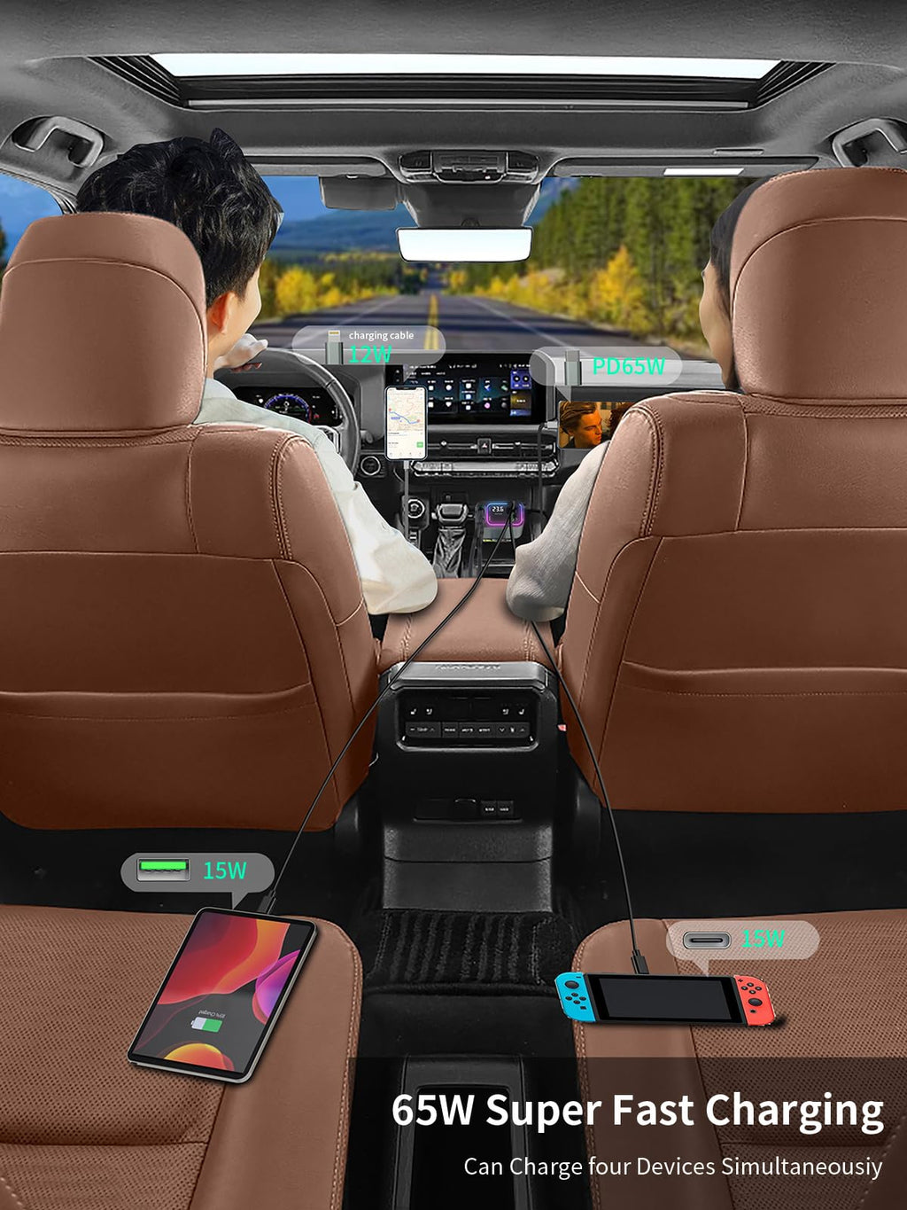 DSTAR - 3 in 1 Retractable Car Charger Adapter & FM Transmitter Bluetooth Mp3 Player- Max 65W + 18W with 2 PD Fast Charging,2 Retractable Cables & USB-A Music Playback for iPhone,iPad,Samsung,Pixel