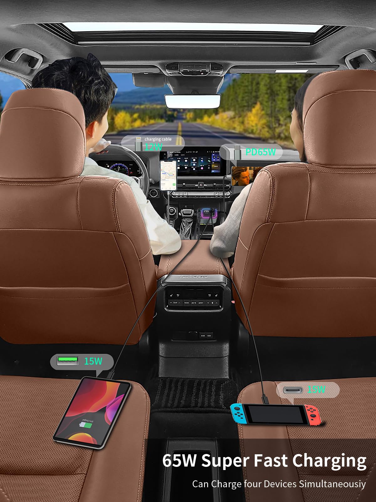 DSTAR - 3 in 1 Retractable Car Charger Adapter & FM Transmitter Bluetooth Mp3 Player- Max 65W + 18W with 2 PD Fast Charging,2 Retractable Cables & USB-A Music Playback for iPhone,iPad,Samsung,Pixel
