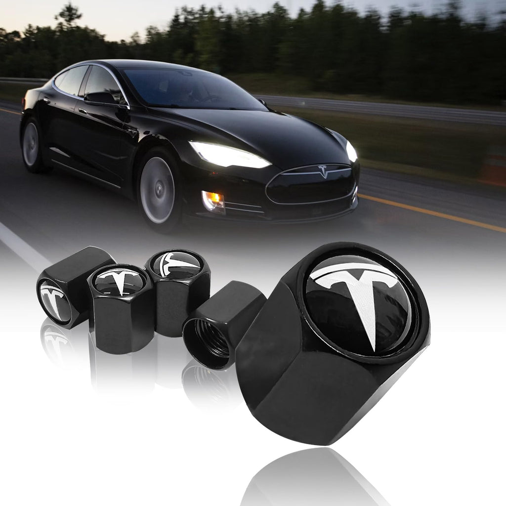 DSI - 5 Pack Tire Valve Stem Caps Leakproof Aluminum Chrome Tire Valve Caps with Rubber O-Rings Compatible with for Tesla Model 3, S, X, Y (White Logo)