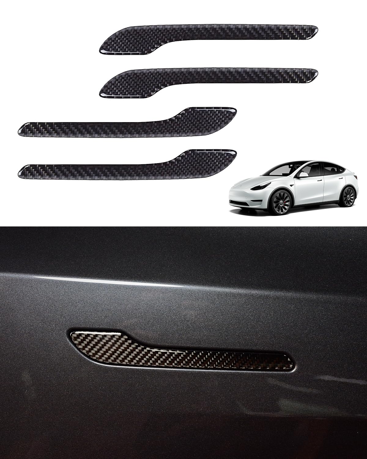 DSI - Door Handle Cover, Real Matte Carbon Fiber Door Handle Trim Protector Set Compatible with Tesla Model y Model 3 2017-2025 (4 Pieces) (Glossy Carbon Fiber with drip)