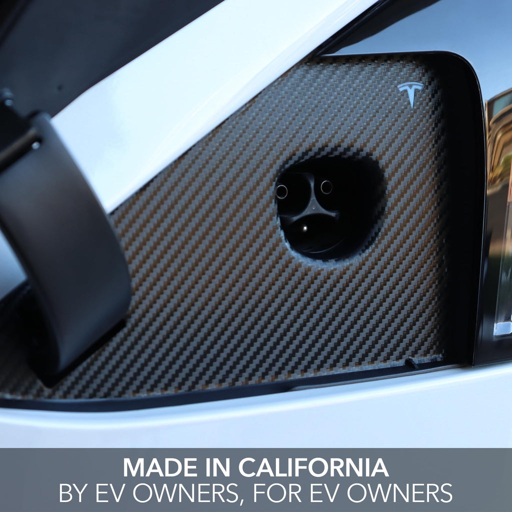 DSI - Charge Port Vinyl Wrap for Tesla Model X 2022-2026 Plaid & Long Range, Black Carbon Fiber Film Cover Overlay Easy DIY Subtle Sporty Pattern Kit Accessories