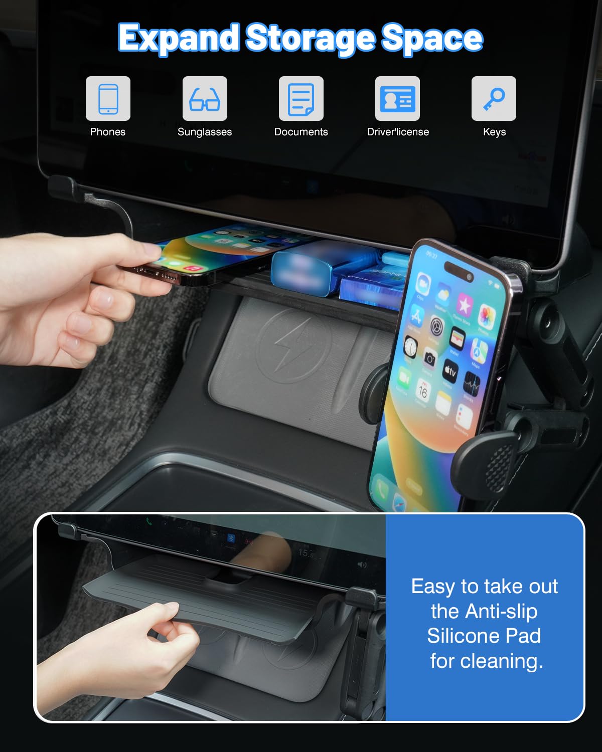 DSI - Under Screen Storage Tray with Phone Holder for Tesla Model 3/Model Y 2025 2024 2023 2022 2021 Center Console Organizer Storage Box Waterproof ABS Model 3 / Y Accessories Black 1PCS