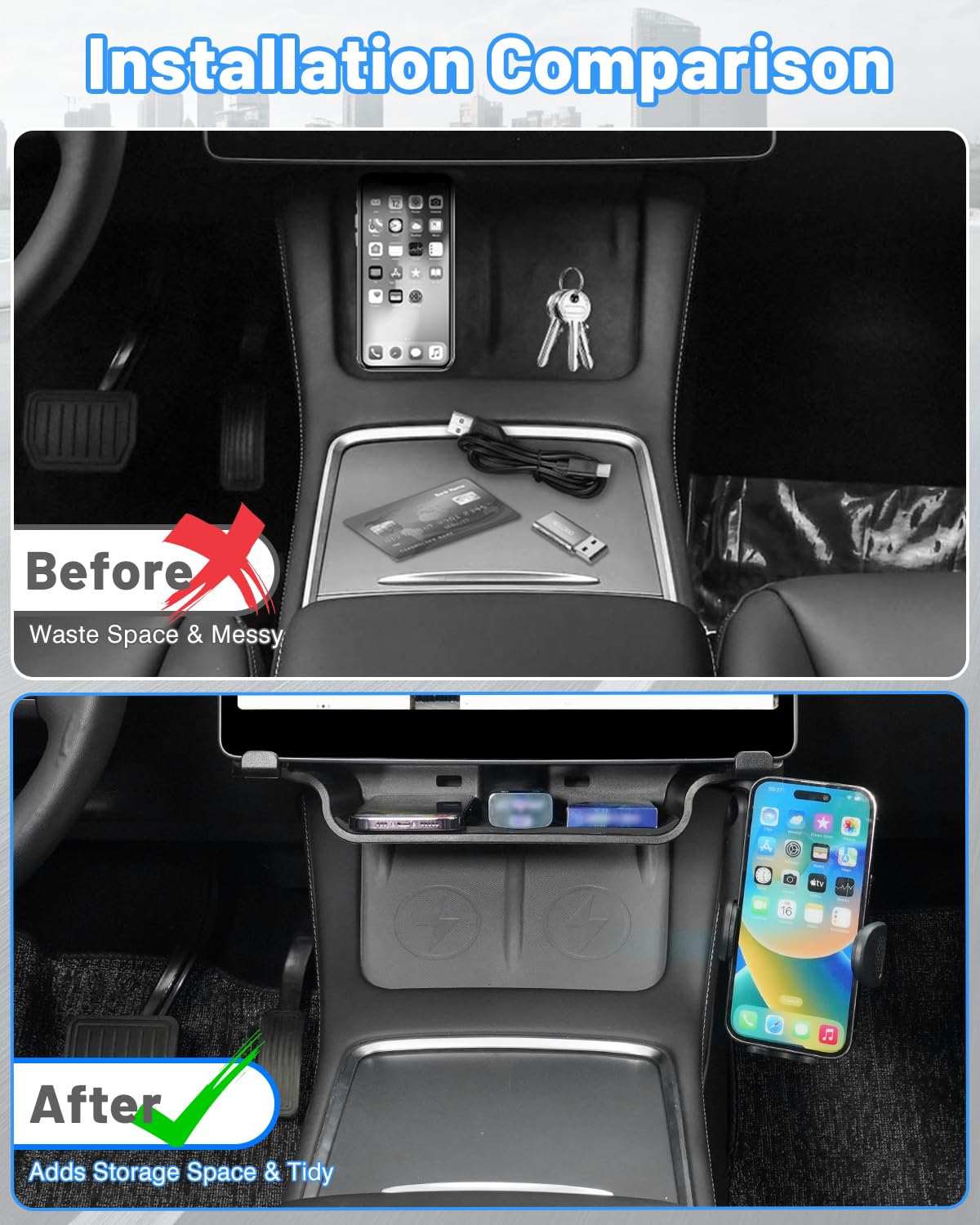 DSI - Under Screen Storage Tray with Phone Holder for Tesla Model 3/Model Y 2025 2024 2023 2022 2021 Center Console Organizer Storage Box Waterproof ABS Model 3 / Y Accessories Black 1PCS