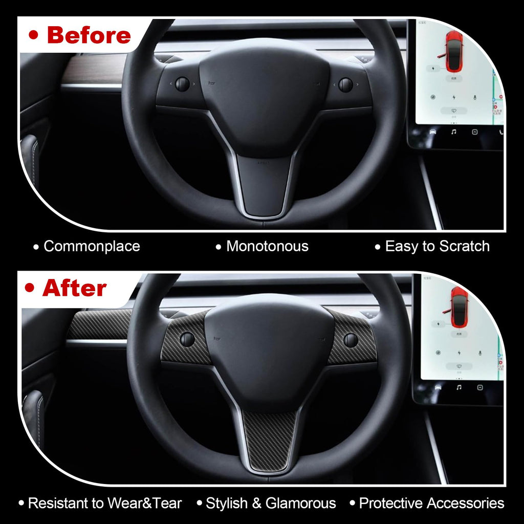 DSI - 9 PCS Carbon Fiber Interior Decor Trim Cover Kit Compatible with 2021-2023 Tesla Model 3 & 2019-2024 Model Y, Dashboard Cover Door Panel Cover Steering Lever Cover Steering Wheel Cover
