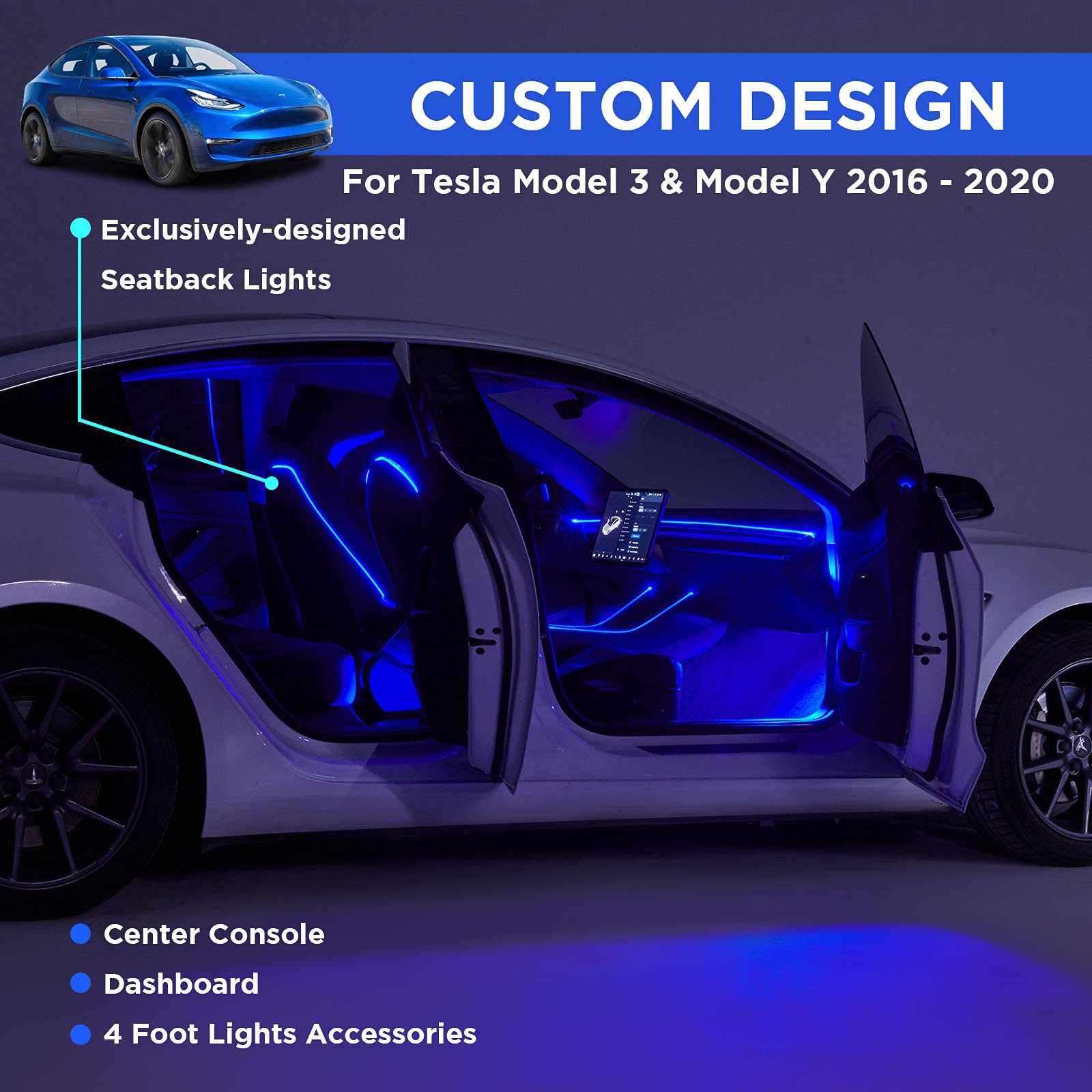 Nestour Interior Car Neon Lights Fit for Tesla Model 3 Y 2016-2020 (Center Console+Dashboard+Seat Back+4 Foot Lights) with Armrest Organizer, Tesla Ambient Lighting, APP-Controlled LED Strip Lights