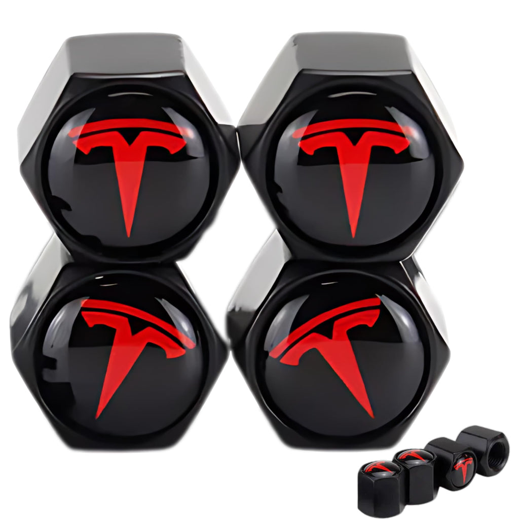 DSI - Red Tire Valve Stem Caps for Tesla Model 3, S, X, Y | Leakproof Aluminum Tire Valve Caps with Rubber O-Rings Compatible with Tesla Car Accessories | Tire Valve Stem Covers Tire Caps 4 Pack