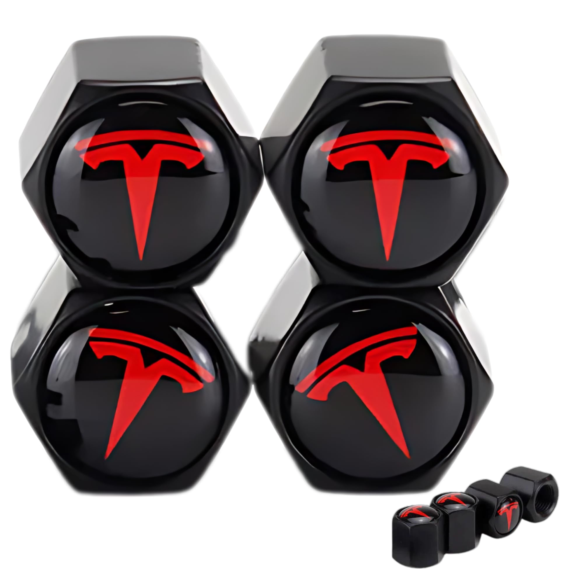 DSI - Red Tire Valve Stem Caps for Tesla Model 3, S, X, Y | Leakproof Aluminum Tire Valve Caps with Rubber O-Rings Compatible with Tesla Car Accessories | Tire Valve Stem Covers Tire Caps 4 Pack