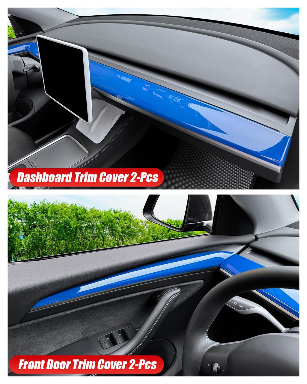 DSI - Dashboard Cover Wrap and Front Door Inner Armrest Panel Cover Trim Compatible with Tesla Model 3 2021-2023 Model Y 2020-2025, **NOT for Performance model (Glossy Blue, 4pcs)