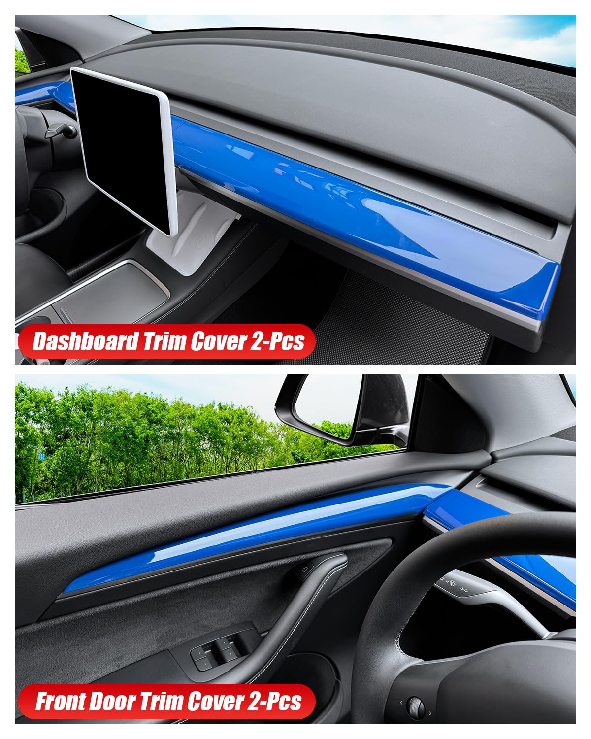 DSI - Dashboard Cover Wrap and Front Door Inner Armrest Panel Cover Trim Compatible with Tesla Model 3 2021-2023 Model Y 2020-2025, **NOT for Performance model (Glossy Blue, 4pcs)
