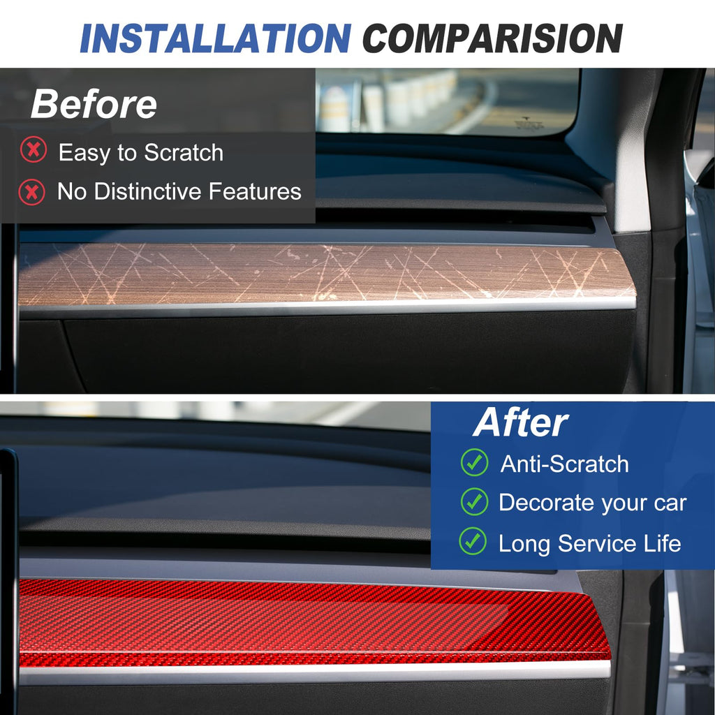 DSI - Real Glass Fiber Dashboard Trim Cover Compatible with Tesla Model 3 / Y 2017-2023, Dashboard Wrap Cover Compatible with Model 3 Interior Trim Strip Cover Model Y Accessories, Red