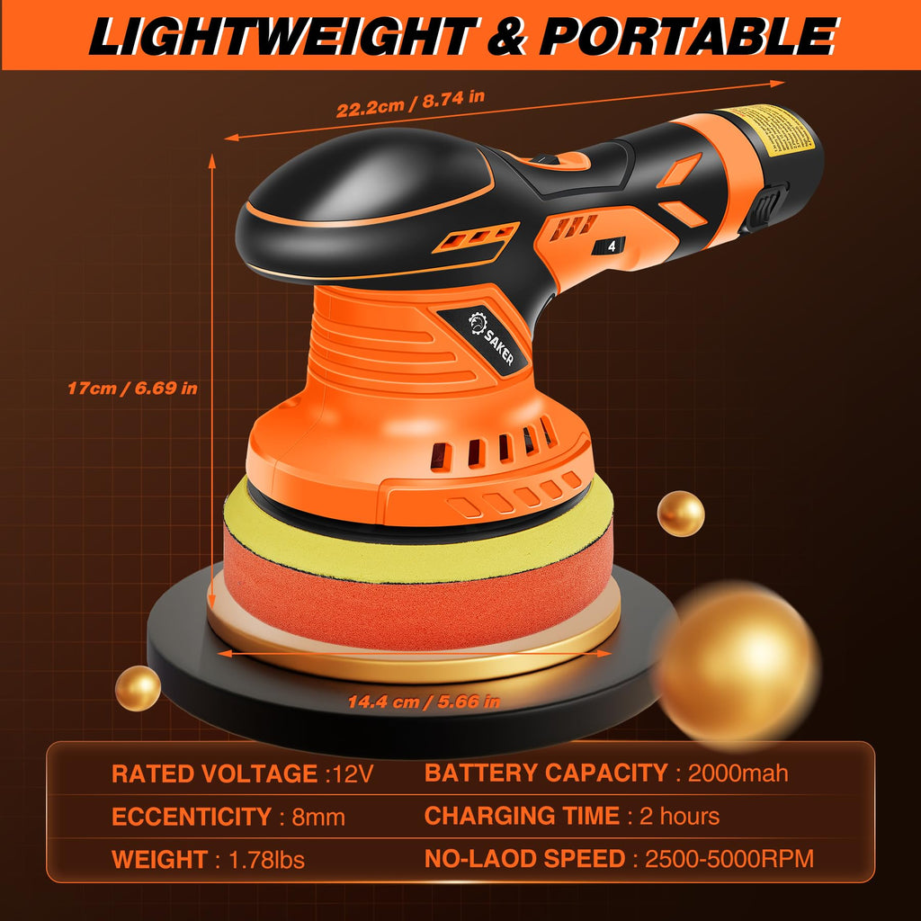 DSI - Cordless Buffer Polisher, 6 Inch Fast Charging Portable Car Polishing Kit with 2PCS 12V 2000mAh Batteries, Polisher for Car Detailing Polishing Waxing (Orange, Buffer Polisher+2 Batteries+1 Bag)