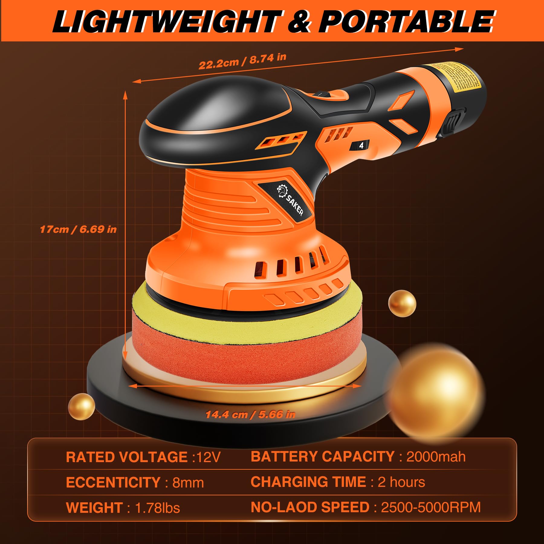 DSI - Cordless Buffer Polisher, 6 Inch Fast Charging Portable Car Polishing Kit with 2PCS 12V 2000mAh Batteries, Polisher for Car Detailing Polishing Waxing (Orange, Buffer Polisher+2 Batteries+1 Bag)