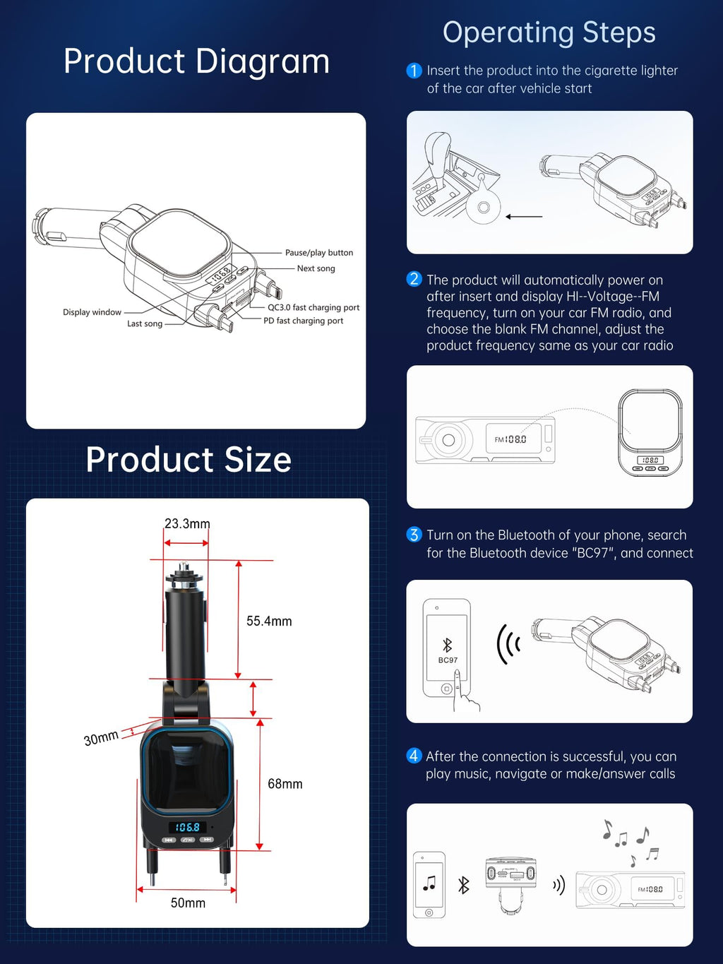 DSI - Retractable Car Charger 96W with Bluetooth Car Adapter, 4 in 1 Fast Charging, Radio Bluetooth 5.3 FM Transmitter, Handsfree Calling, USB C Phone car Charger Adapter for iPhone 16 15 14 13 12