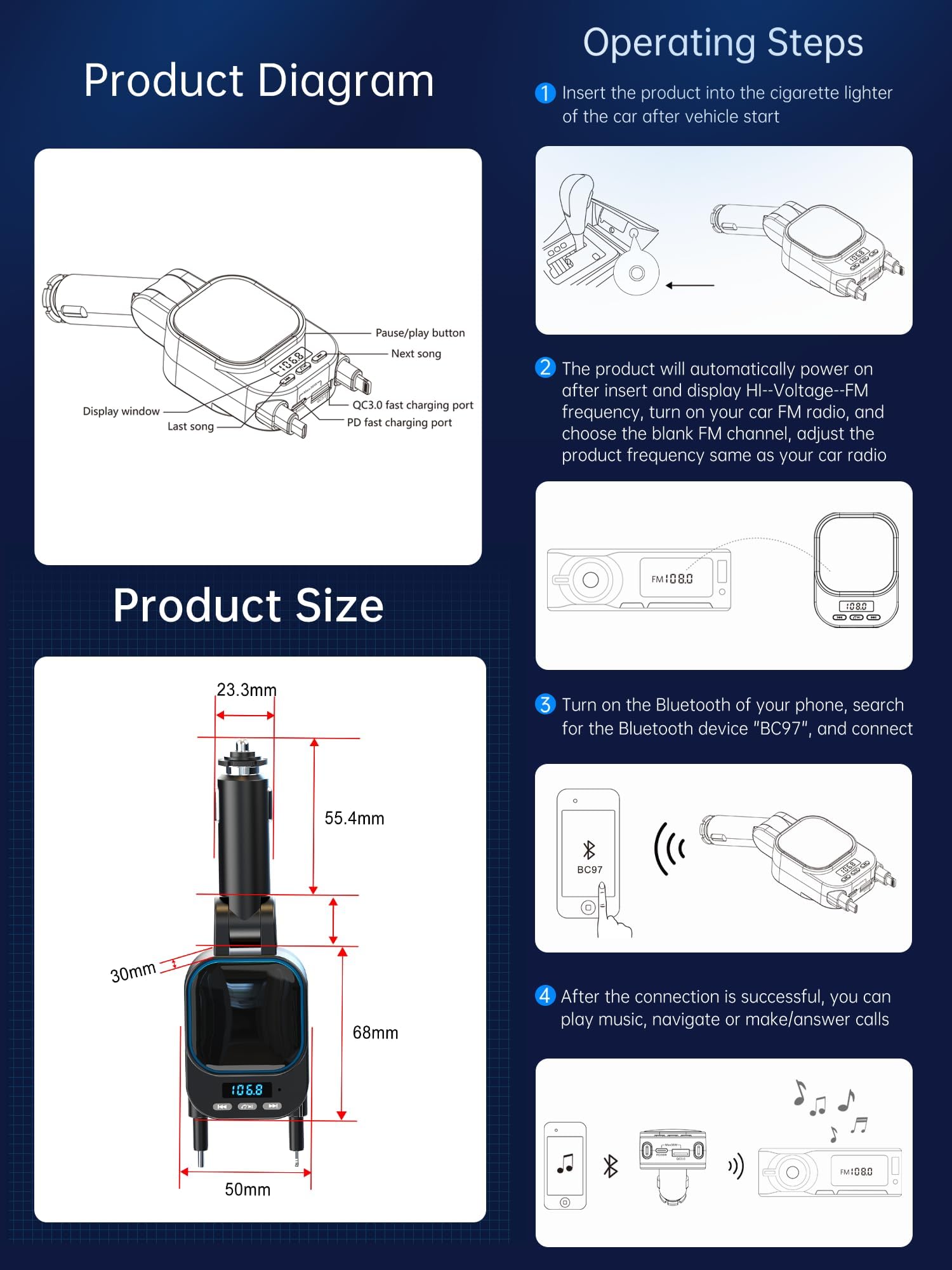 DSI - Retractable Car Charger 96W with Bluetooth Car Adapter, 4 in 1 Fast Charging, Radio Bluetooth 5.3 FM Transmitter, Handsfree Calling, USB C Phone car Charger Adapter for iPhone 16 15 14 13 12