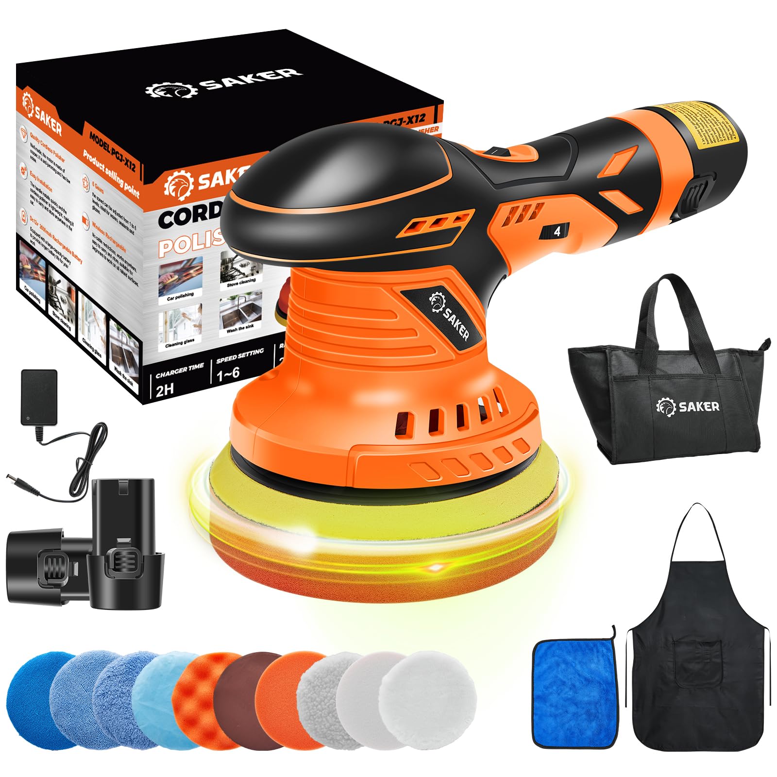 DSI - Cordless Buffer Polisher, 6 Inch Fast Charging Portable Car Polishing Kit with 2PCS 12V 2000mAh Batteries, Polisher for Car Detailing Polishing Waxing (Orange, Buffer Polisher+2 Batteries+1 Bag)