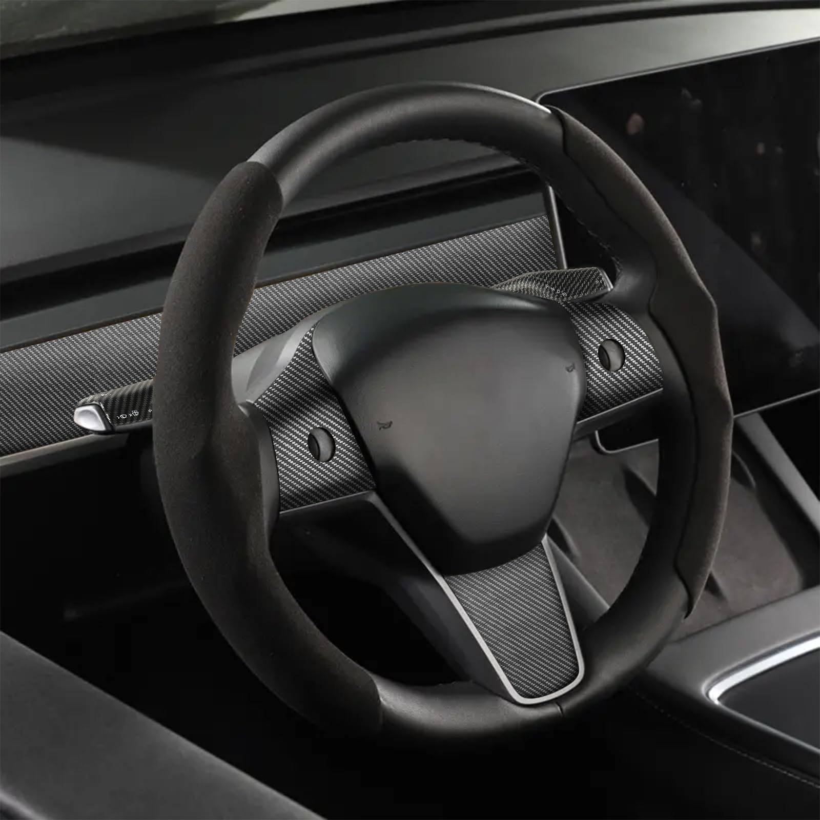 DSI - 9 PCS Carbon Fiber Interior Decor Trim Cover Kit Compatible with 2021-2023 Tesla Model 3 & 2019-2024 Model Y, Dashboard Cover Door Panel Cover Steering Lever Cover Steering Wheel Cover