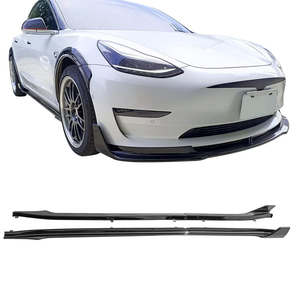 DSI - Side Skirts Extension Compatible with 2017-2025 Tesla Model 3, V Style Painted Gloss Black Rocker Panel Driver Passenger Side 6PC PP, 2018 2019 2020 2021 2022 2023 2024