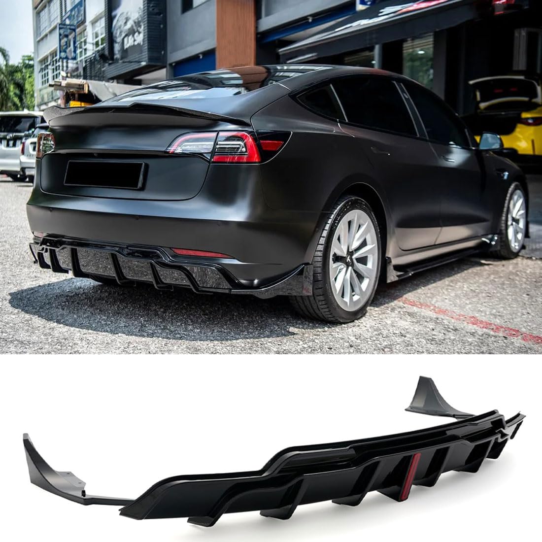 DSTAR - Rear Rear Bumper Diffuser Lip Splitter Spoiler for 2017-2023 Tesla Model 3 Led Light Style
