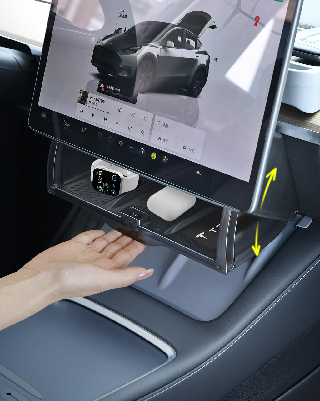 DSI - Under Screen Storage Organizer for Tesla Model Y Model 3 Accessories(include Juniper & Highland), Rattle-Free Push Latch Mechanism Perfect Fit, Tissue Dispenser, Hidden for Personal Valuables