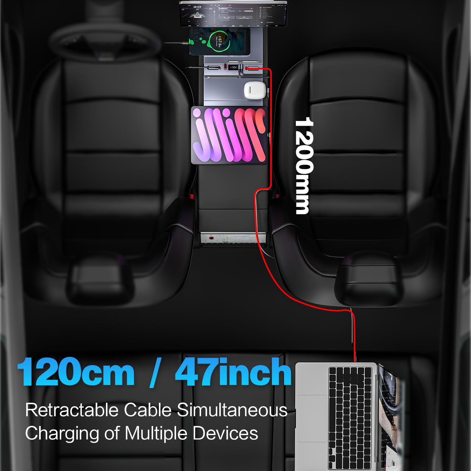 DSI - USB Hub for 2025 2026 Tesla Model Y Juniper 2024 2025 Tesla Model 3 Highland, Retractable Cable Fast Car Phone Charger, Tesla Center Console Accessories (Retractable Type-C & Lightning)