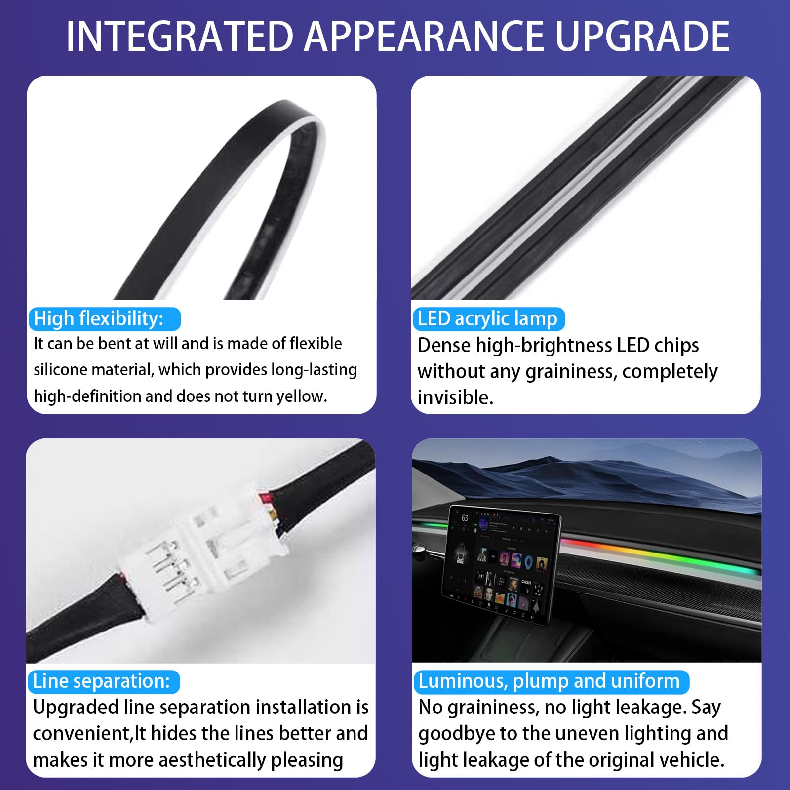 DSTAR - LED Car Ambient Lighting Strip for Tesla High Brightness with APP Control Multiple Colors and Car LED Strip Lighting Neon Lights for Model 3/Y (Dashboard& Center Console)
