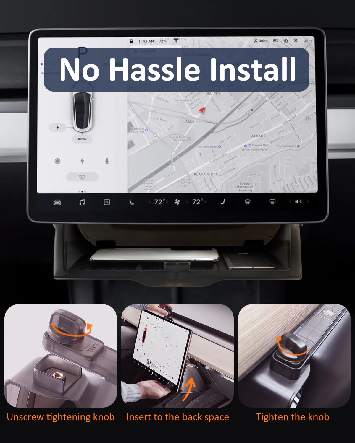 DSI - Under Screen Storage Organizer for Tesla Model Y Model 3 Accessories(include Juniper & Highland), Rattle-Free Push Latch Mechanism Perfect Fit, Tissue Dispenser, Hidden for Personal Valuables