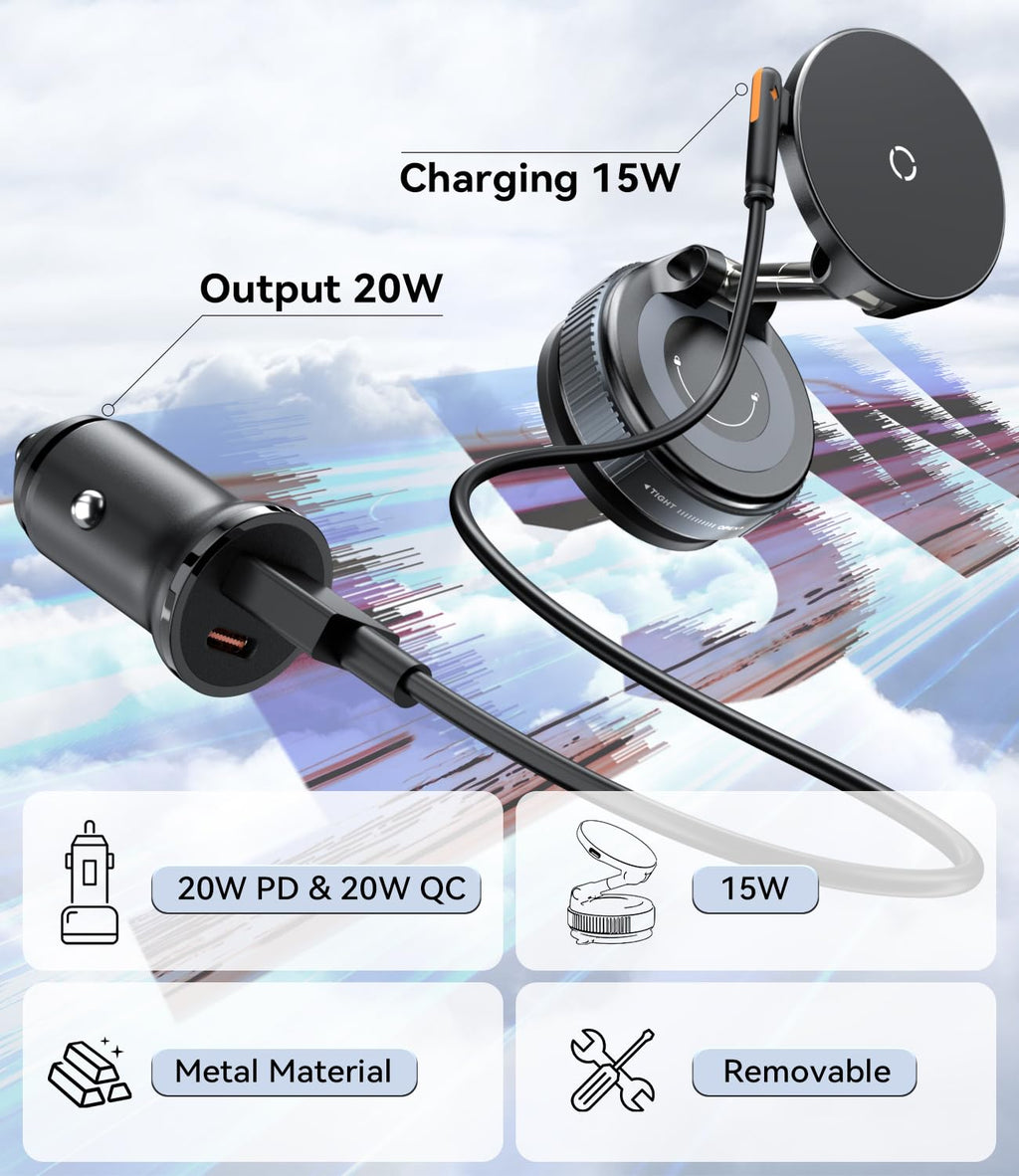 DSI - 15W for MagSafe Car Mount Charger, Magnetic Wireless Car Phone Holder for iPhone 17 16 15 14 13 12 Pro Max, 360° Adjustable iPhone Charger for Car with USB C Car Charger Adapter