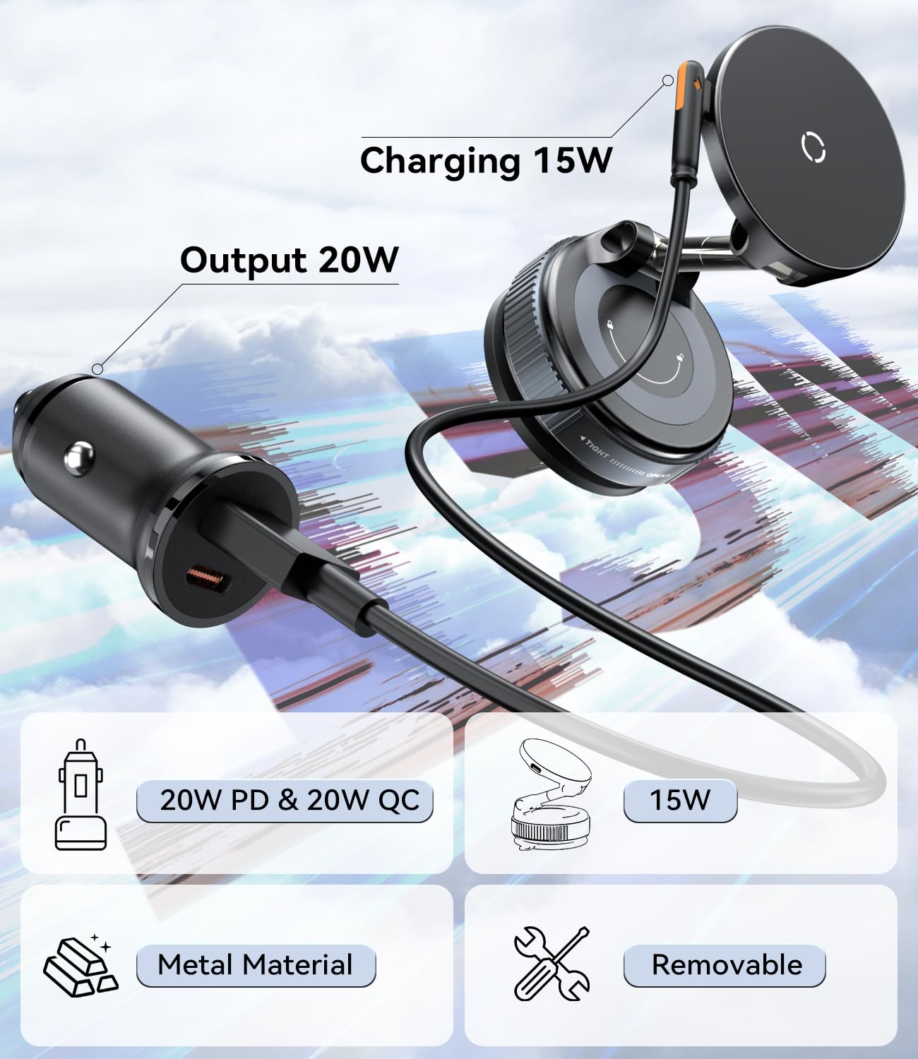 DSI - 15W for MagSafe Car Mount Charger, Magnetic Wireless Car Phone Holder for iPhone 17 16 15 14 13 12 Pro Max, 360° Adjustable iPhone Charger for Car with USB C Car Charger Adapter