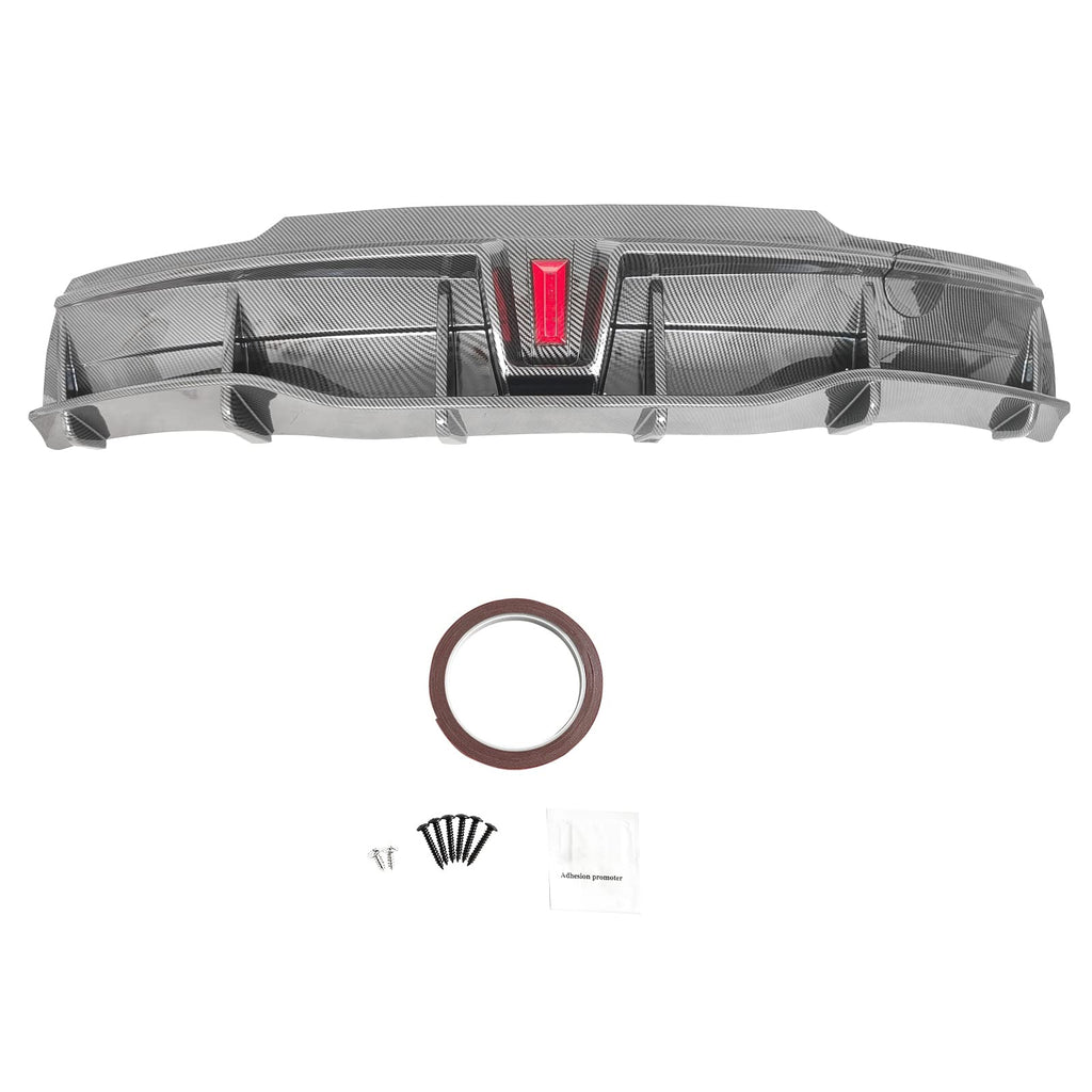DSI - Rear Diffuser with LED Light Fits 2020-2024 Tesla Model Y, Add-on Carbon Fiber Print PP IKON Style Rear Bumper Molding Protector Lip with LED Lamp