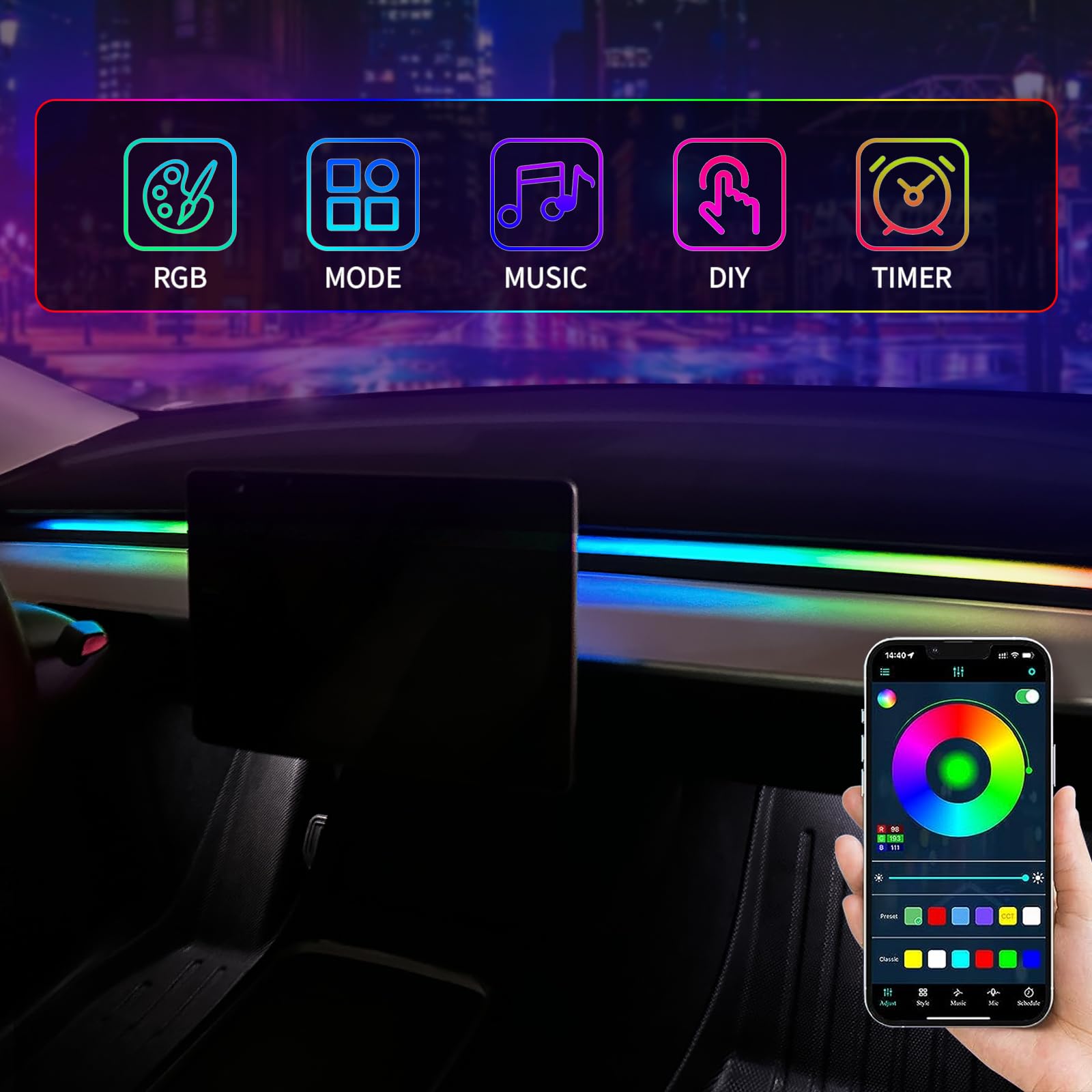 DSI - 2025-2021 Tesla Model 3/Y Interior Neon Lights for Dashboard, RGBIC Color Changing LED Strip Lights with App & Remote Control,Tesla Model 3/Y Accessories (DOES NOT FIT M3 Highland & MY Juniper)