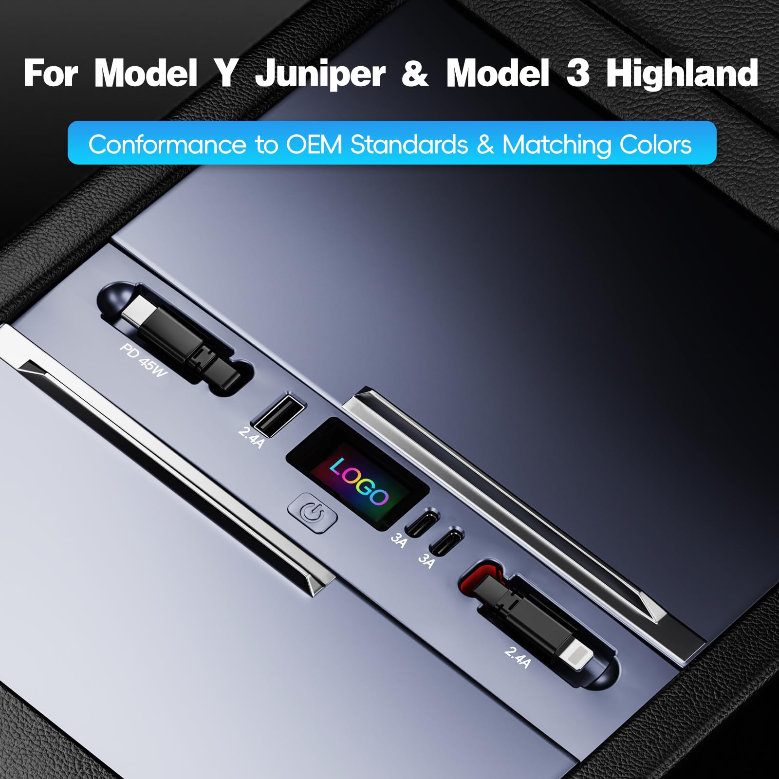 DSI - USB Hub for 2025 2026 Tesla Model Y Juniper 2024 2025 Tesla Model 3 Highland, Retractable Cable Fast Car Phone Charger, Tesla Center Console Accessories (Retractable Type-C & Lightning)