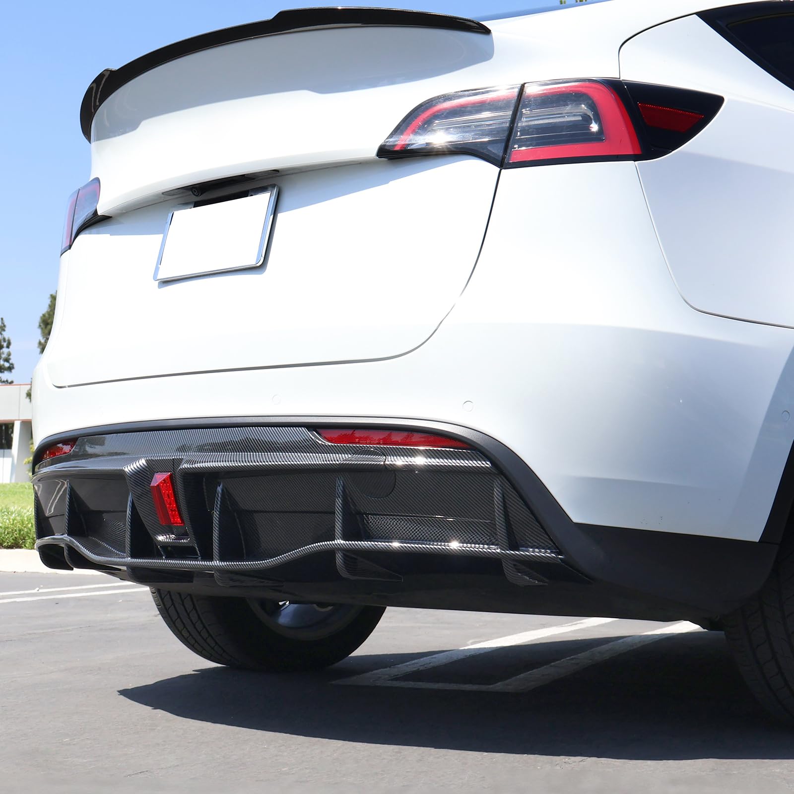 DSI - Rear Diffuser with LED Light Fits 2020-2024 Tesla Model Y, Add-on Carbon Fiber Print PP IKON Style Rear Bumper Molding Protector Lip with LED Lamp