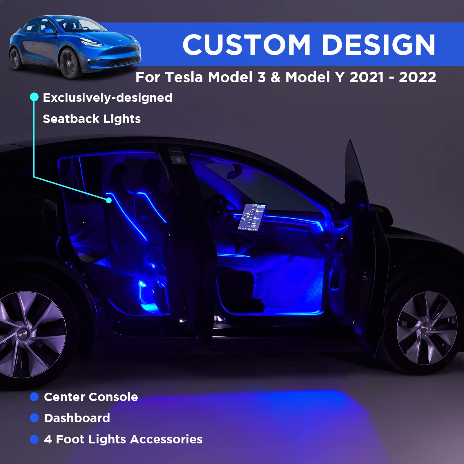 DSI - Interior Car Neon Light Fit for Tesla Model 3 Y 2021 2022 2023 (Center Console+Dashboard+Seat+4 Foot Lights) with Matching Armrest Organizer, Tesla Ambient Lights, APP-Controlled RGB LED