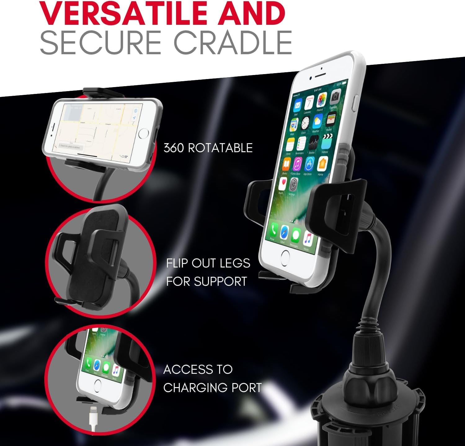 DSI - Car Cup Holder Phone Mount - Securely Holds Phones up to 4.1” Wide - Flexible Gooseneck & 360° Rotatable Cradle