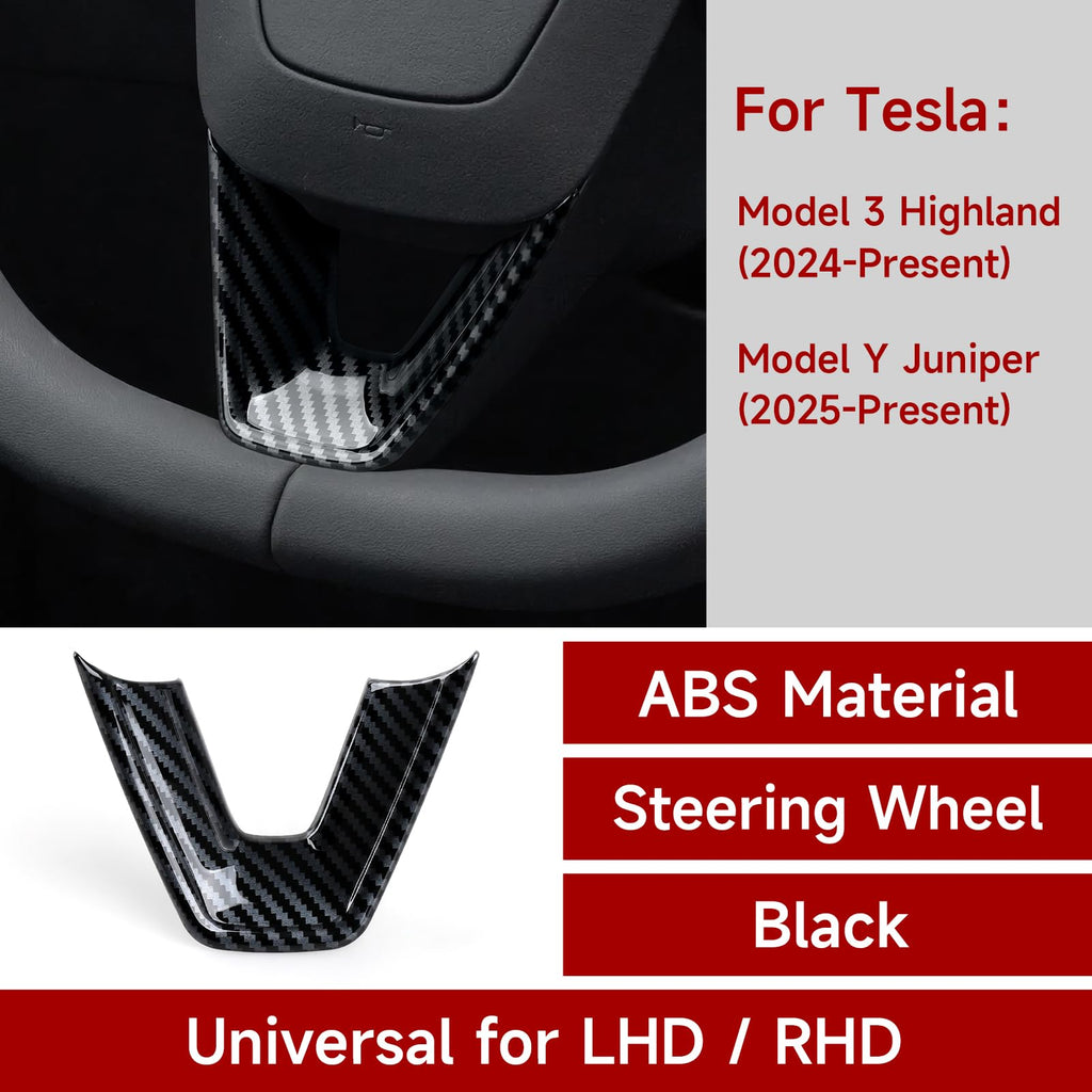 DSI - FITS Tesla Model 3 Highland 2024 2025 2026 Model Y Juniper 2025 2026 Accessories Interior Car Steering Wheel Trim Carbon Style ABS Decal Sticker (Style A)