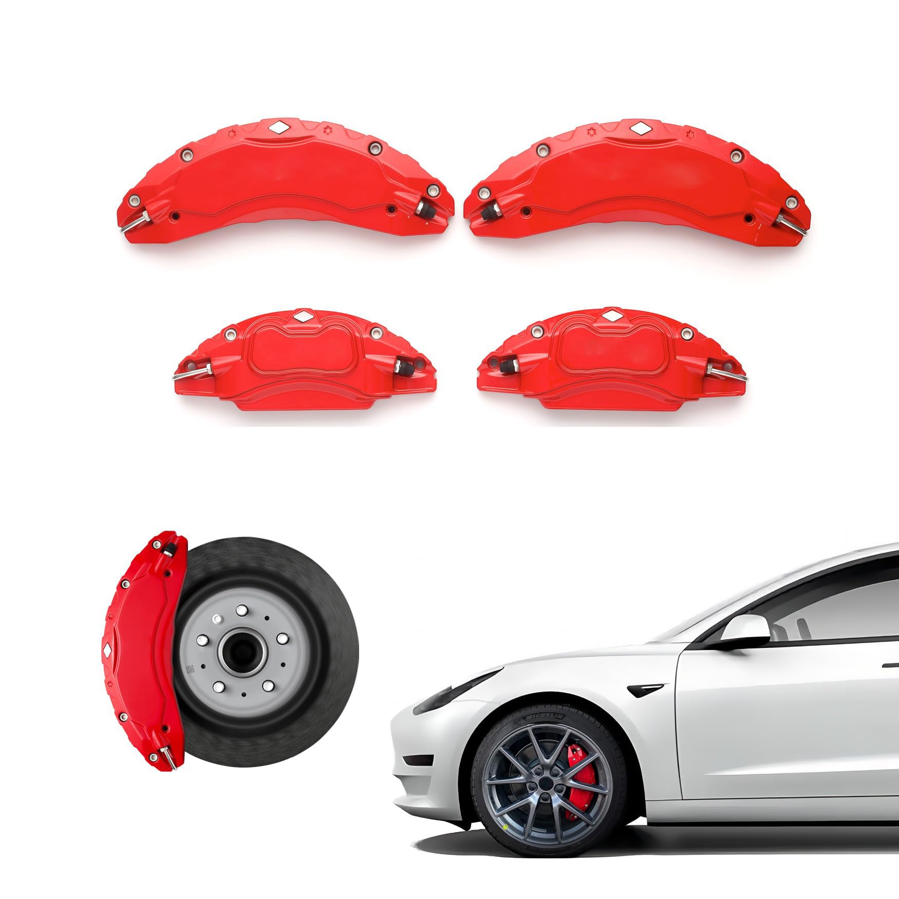 DSI - Brake Caliper Covers Set of 4 Compatible with Tesla model 3 Accessories，2017-2023 18 Inch 19 Inch Wheel Hub Size Red Brake Caliper Covers Model 3 Caliper Covers (red)