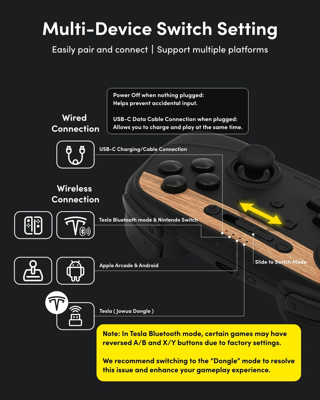 DSI - Multi-Device Wireless Controller Compatible for Tesla 2025 New Model Y Model 3/Y/S/X/cybertruck Compatible for Switch, one controller set, SPECIAL PROGRAMMED and DESIGN FOR TESLA WOOD [nintendo_switch,windows,ios,android]
