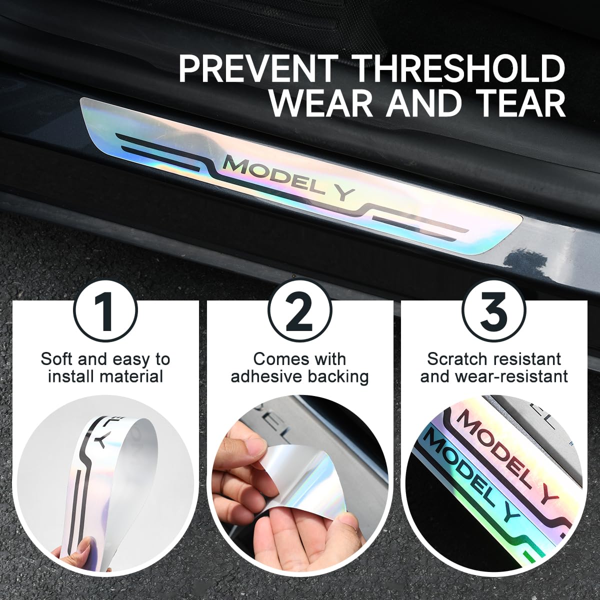 DSI - 4PCS Car Door Sill Protector for Tesla Model Y/3 Car Threshold Stickers Decoration Scuff Plate Sticker, Waterproof Door Threshold Strips Exterior Accessories for Tesla Model 3/Y (Textured-Y)