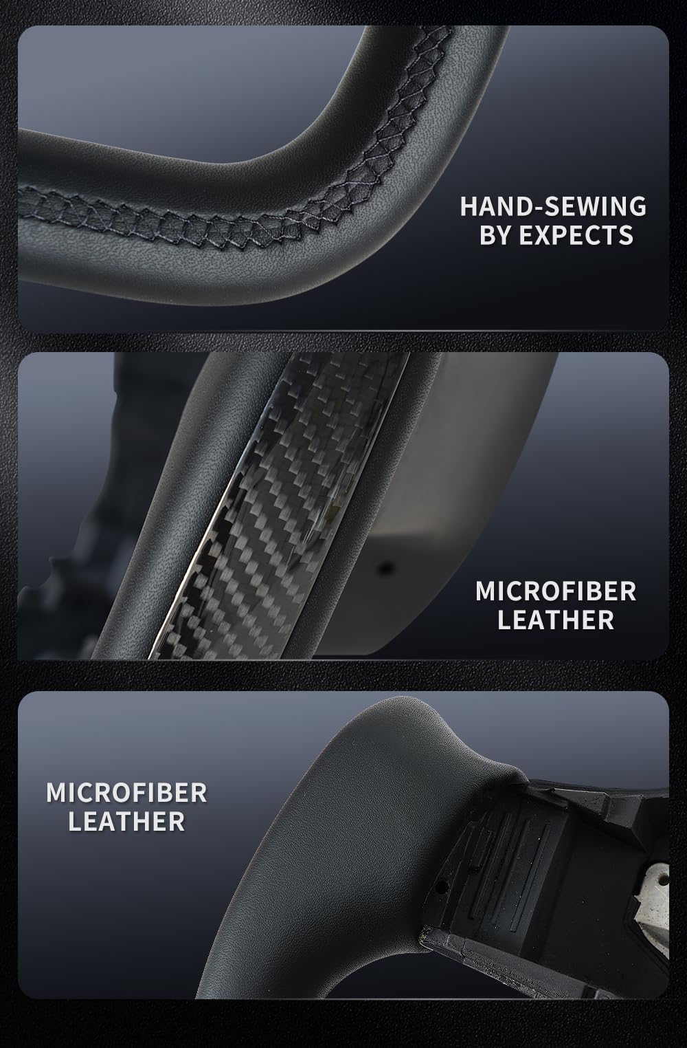 DSI - Yoke Steering Wheel, Black Microfiber Leather with Side Carbon Fiber for Tesla Model 3/Y 2017-2023 With Heating Function