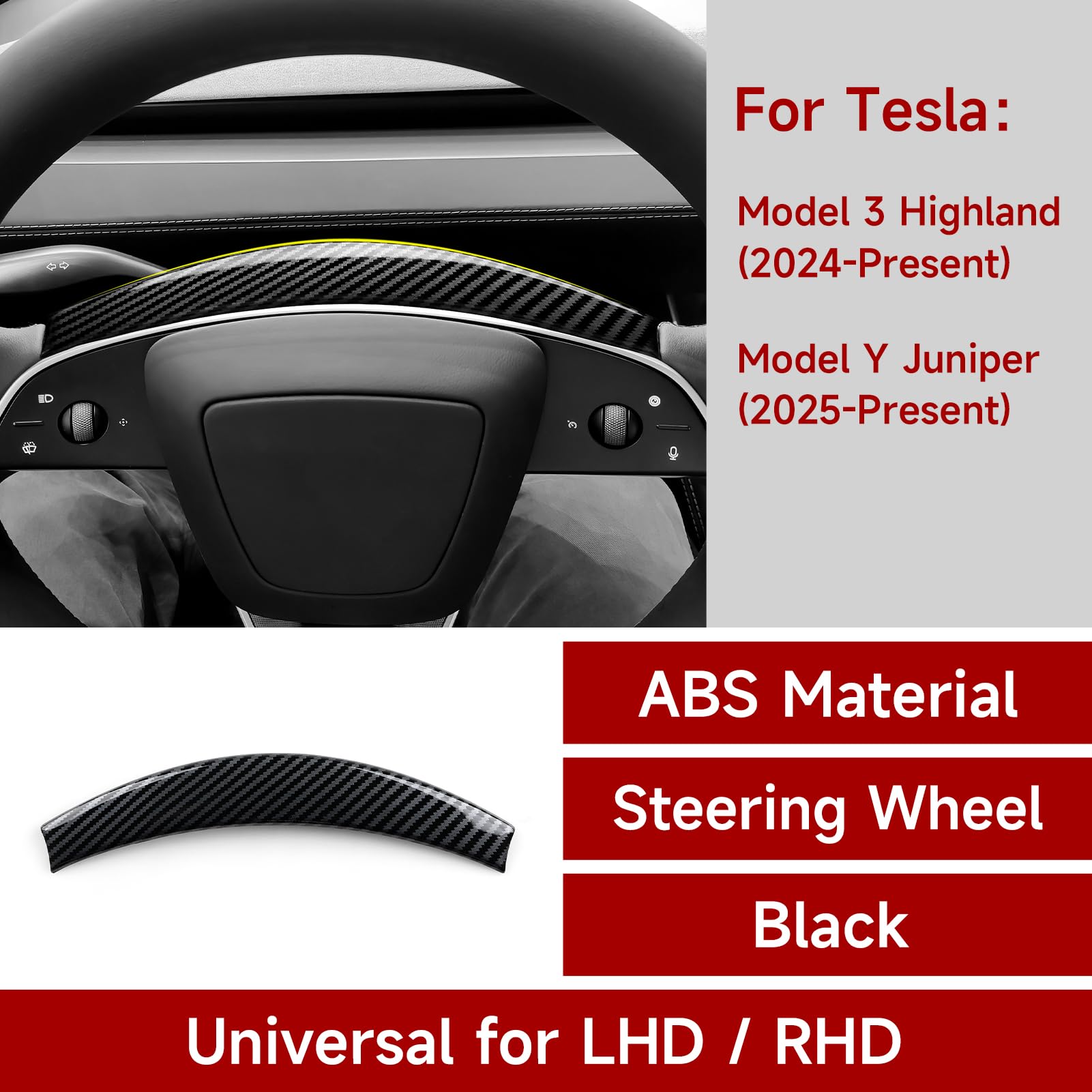 DSI - FITS Tesla Model 3 Highland 2024 2025 2026 Model Y Juniper 2025 2026 Accessories Car Steering Wheel Trim Carbon Style ABS Decal Sticker (Style B)