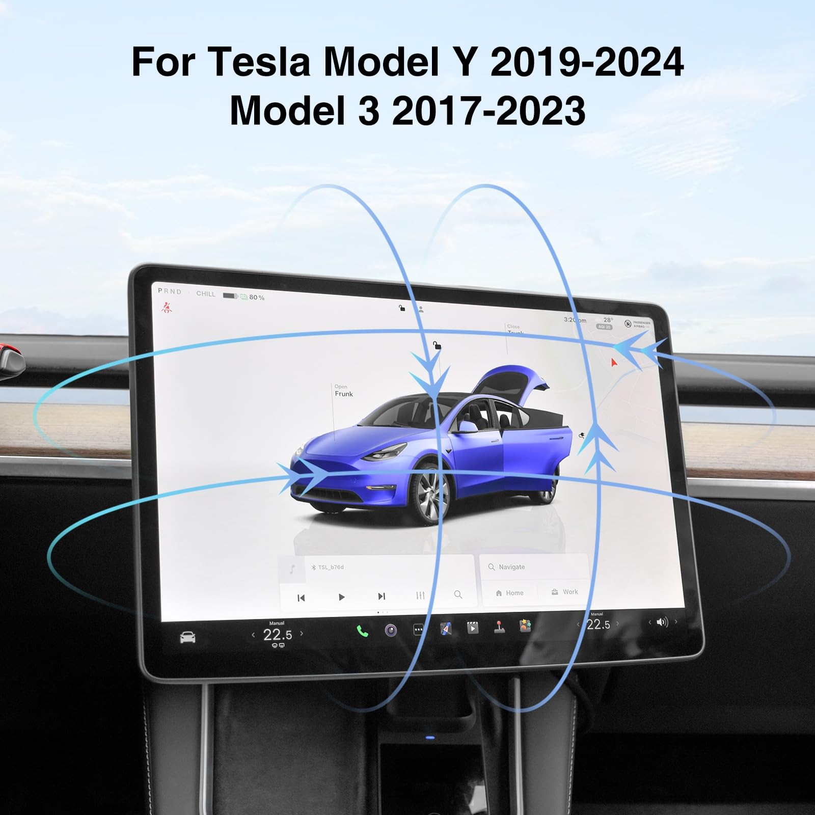 DSI - Screen Swivel Mount for Tesla Model Y 2019-2024 & Model 3 2017-2023 Left/Right 30° Up/Down 15° Rotating Four Directions Aluminum Alloy Tesla Screen Rotating Bracket