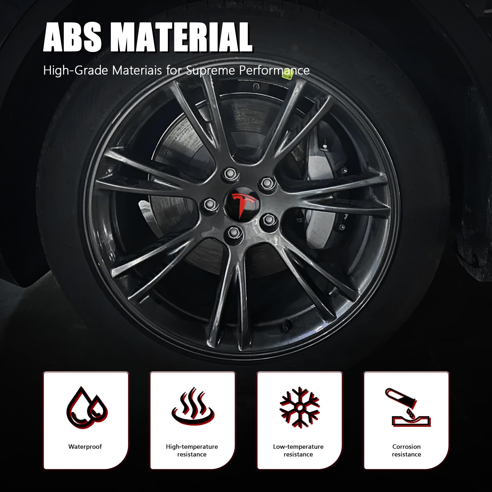 DSI - Wheel Cover Center Emblem Sticker for Tesla Model 3 Model Y Hubcaps Wheel Rim Cover Red Emblem & Gloss Black Background (4PCS) (Black& Red)