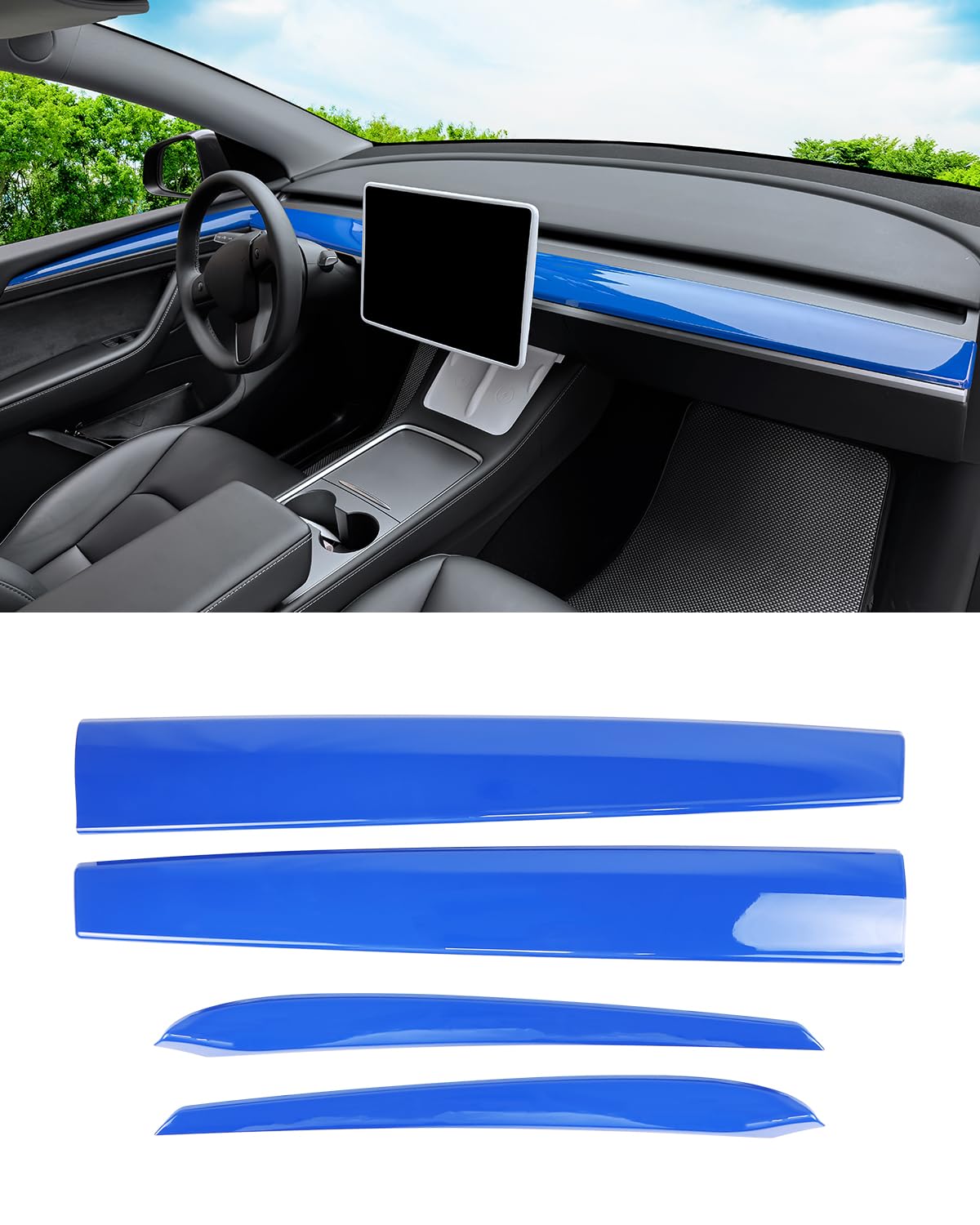 DSI - Dashboard Cover Wrap and Front Door Inner Armrest Panel Cover Trim Compatible with Tesla Model 3 2021-2023 Model Y 2020-2025, **NOT for Performance model (Glossy Blue, 4pcs)