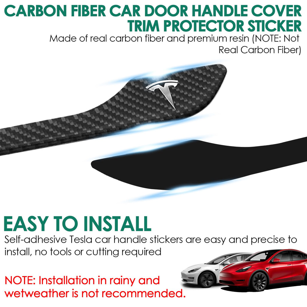 DSI - 4PCS Door Handle Cover Compatible with Tesla Model 3 (2019-2025) Highland Model Y (2020-2026) Juniper Real Carbon Fiber 3D Sticker Wrap Covers Exterior Trim Door Sill Protector Accessories (Black)