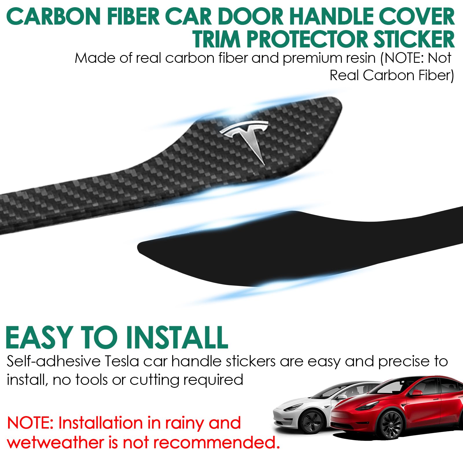 DSI - 4PCS Door Handle Cover Compatible with Tesla Model 3 (2019-2025) Highland Model Y (2020-2026) Juniper Real Carbon Fiber 3D Sticker Wrap Covers Exterior Trim Door Sill Protector Accessories (Black)