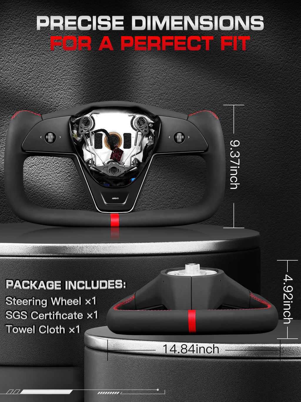 DSI - Heated Yoke Steering Wheel for Tesla Model 3 2017–2023, for Tesla Model Y 2020–2024, Black Nappa Leather DSI - WHEEL with Red Center Stripe, Hand-Stitched, 1:1 Factory Fitment