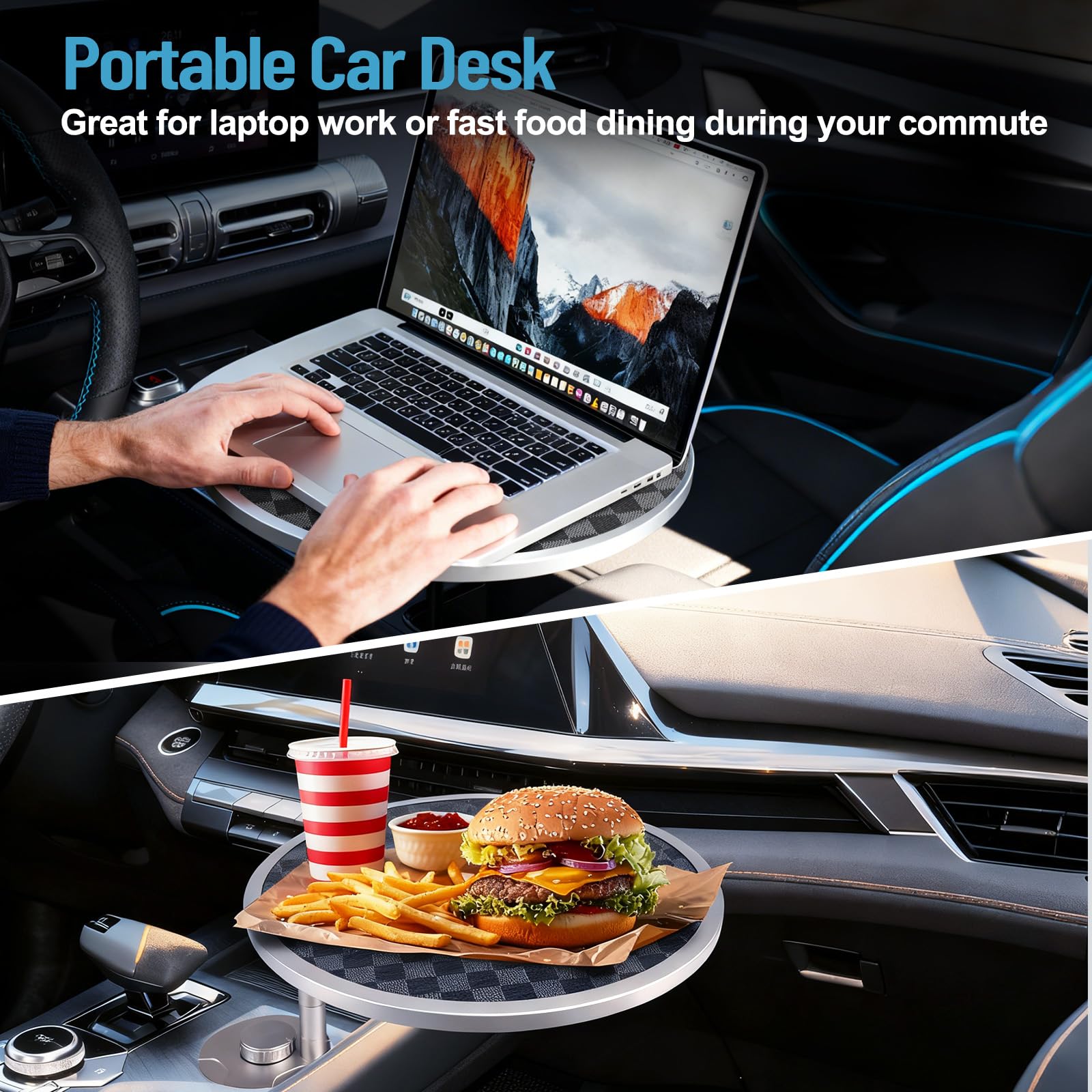 DSI - Car Tray Table & Car Desk for Laptop with 2 Risers and Anti-Slip Pad, 360° Rotating Cup Holder for Working and Eating Compatible with Tesla Model 3/Y/S, Ford F150/Explorer/Maverick & Most Vehicles/EV