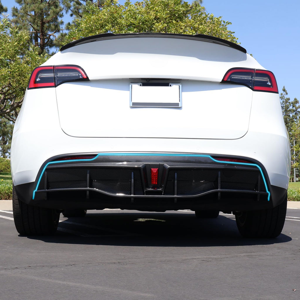 DSI - Rear Diffuser with LED Light Fits 2020-2024 Tesla Model Y, Add-on Carbon Fiber Print PP IKON Style Rear Bumper Molding Protector Lip with LED Lamp