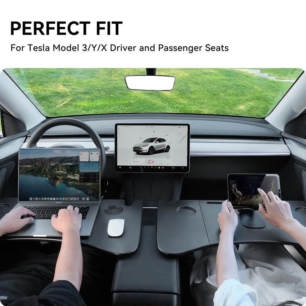 DSTAR - Foldable Desk Food Tray (Carbon Edition) for Tesla Model Y Juniper Model 3 - Upgraded Table with Support Leg for Dining, in-Car Work, Travel and Outdoor (2 Pack)